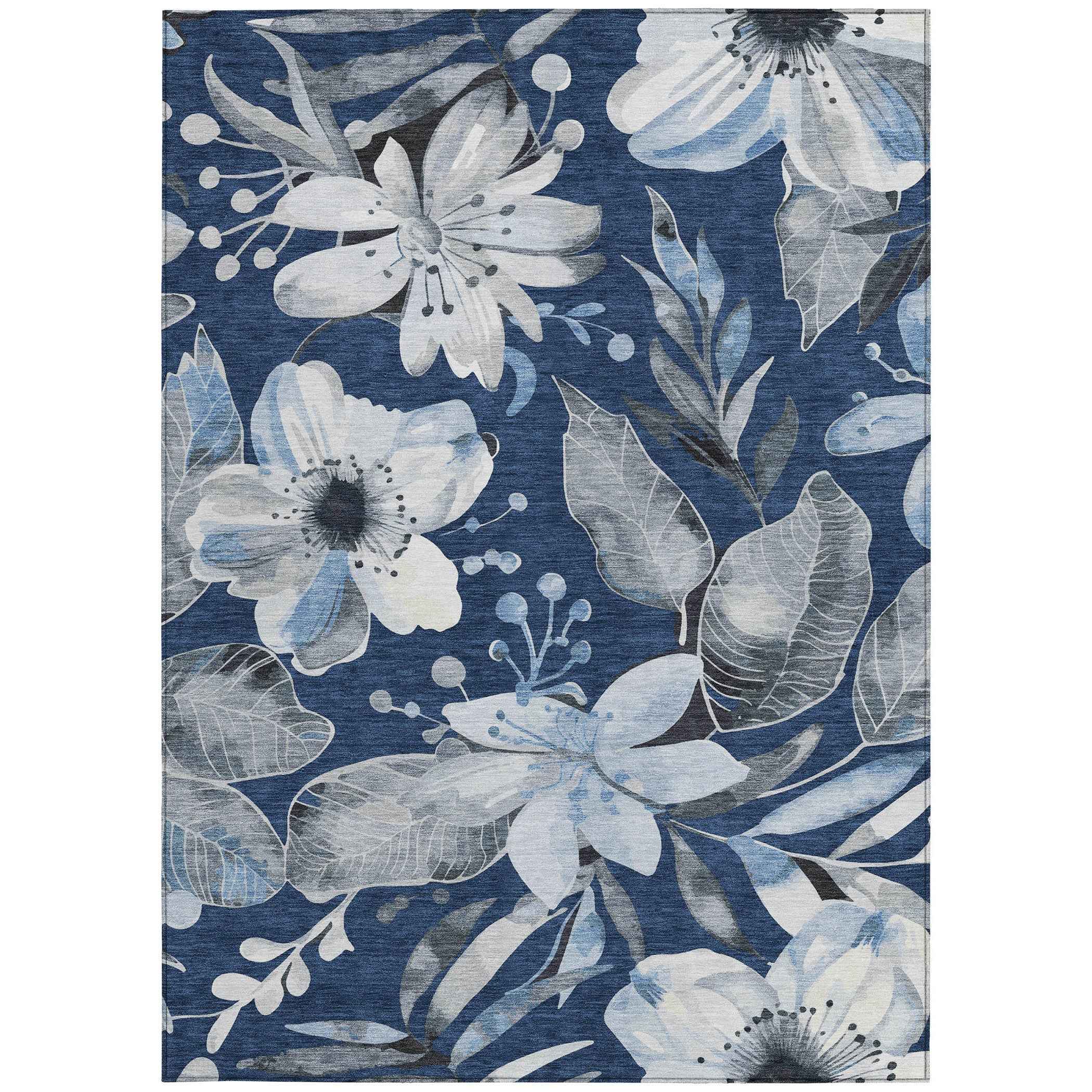 9' X 12' Navy Blue Ivory And Charcoal Floral Washable Indoor Outdoor Area Rug