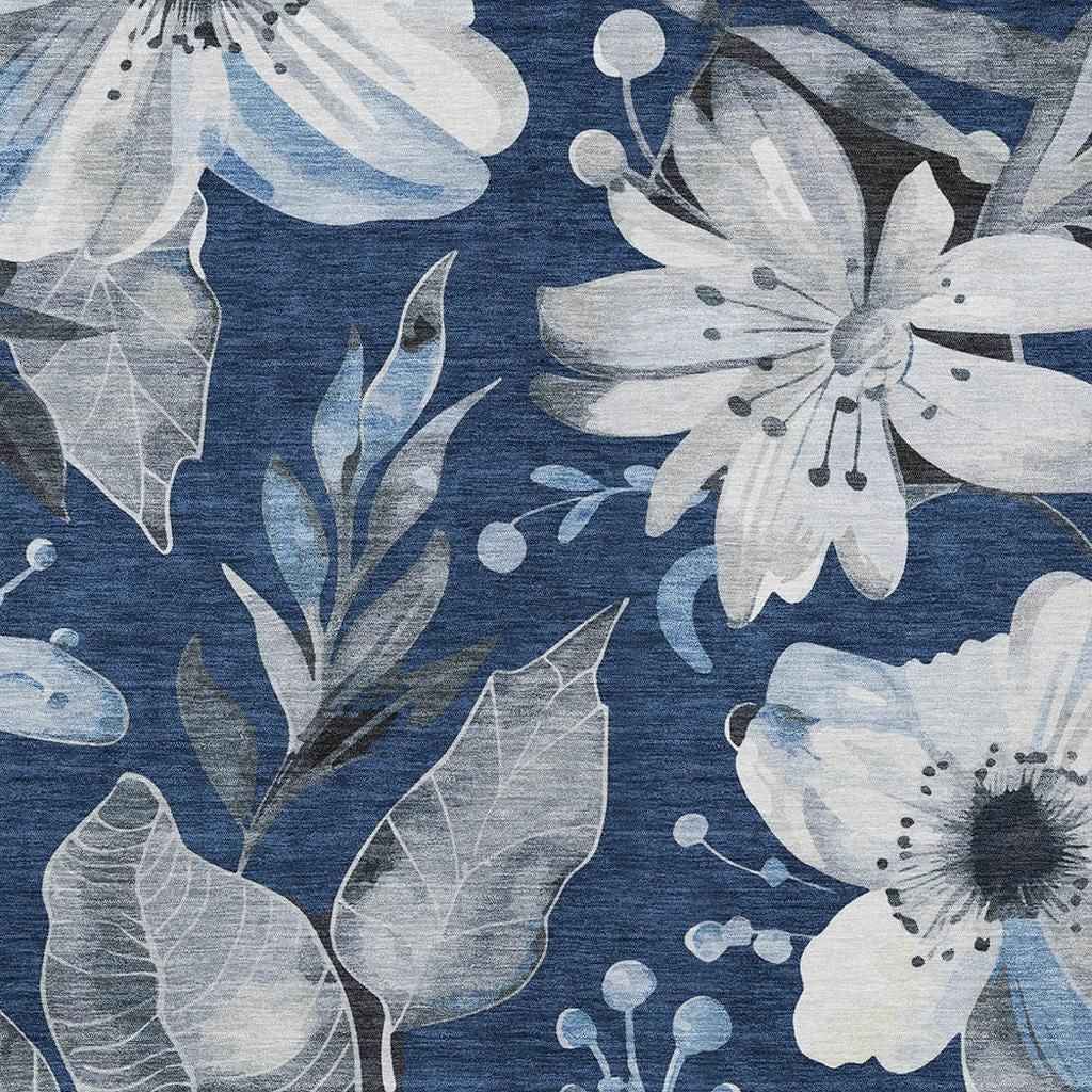 9' X 12' Navy Blue Ivory And Charcoal Floral Washable Indoor Outdoor Area Rug