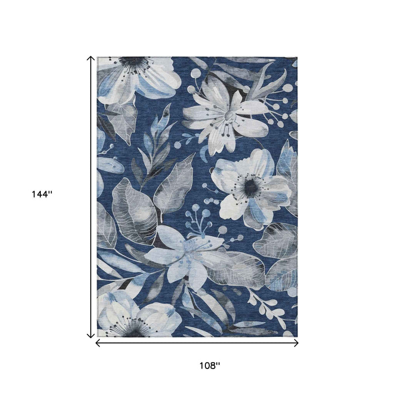9' X 12' Navy Blue Ivory And Charcoal Floral Washable Indoor Outdoor Area Rug