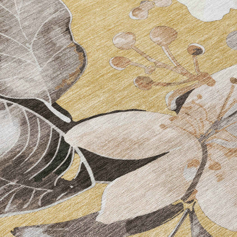 10' X 14' Gold Ivory And Charcoal Floral Washable Indoor Outdoor Area Rug