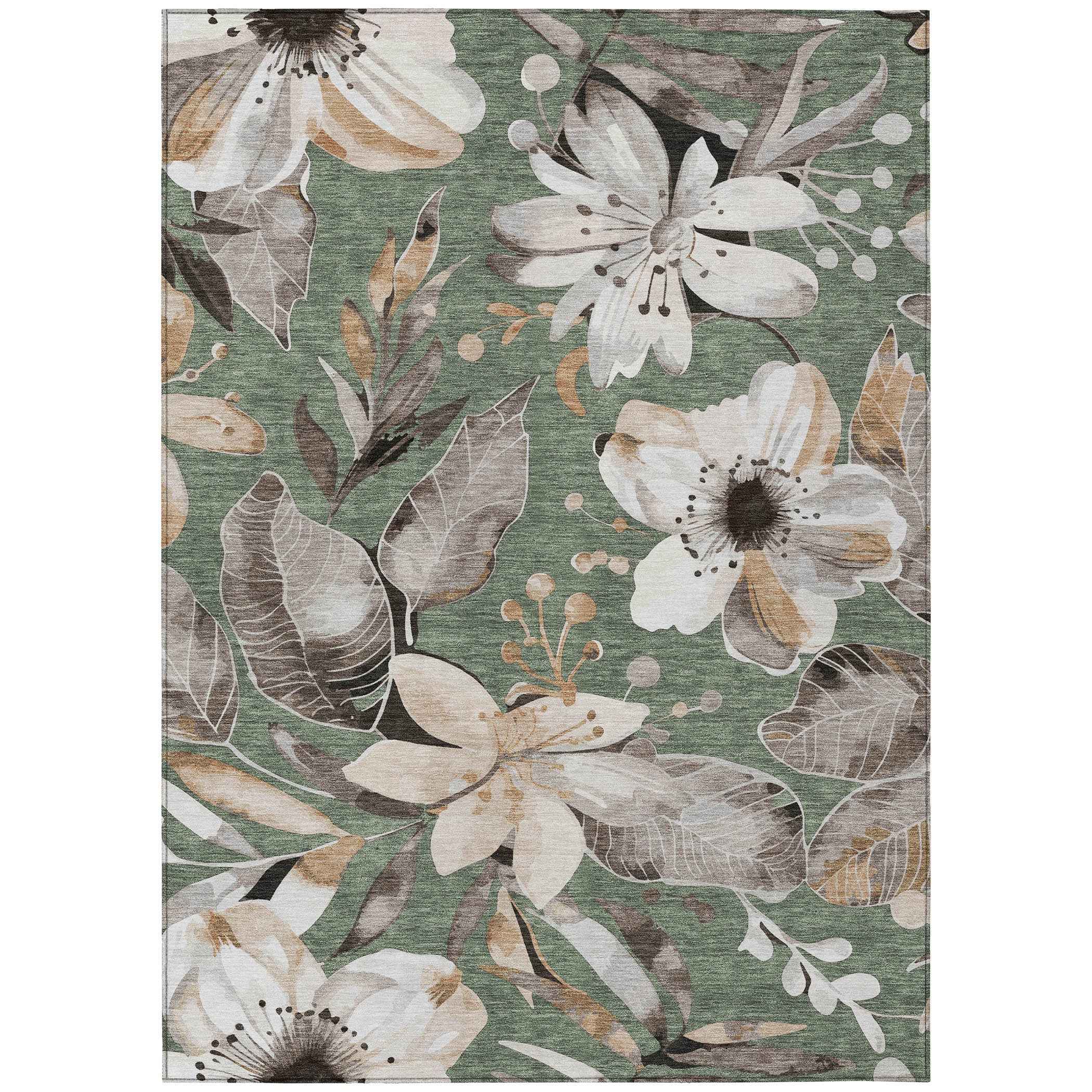 5' X 8' Sage Ivory And Charcoal Floral Washable Indoor Outdoor Area Rug