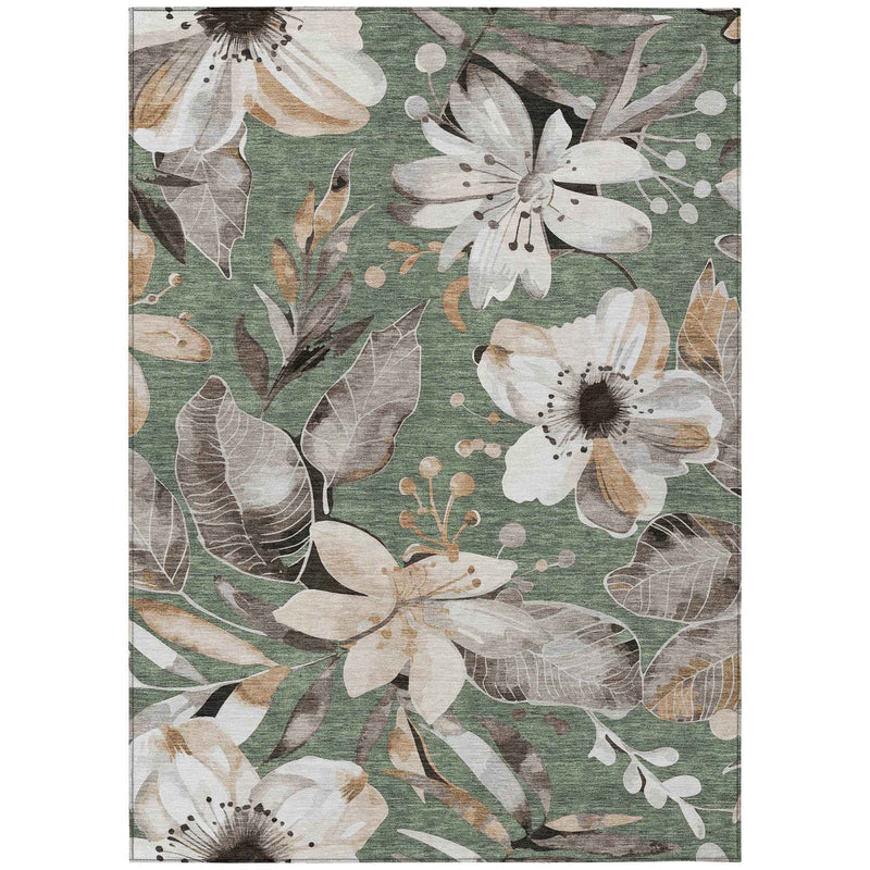 5' X 8' Sage Ivory And Charcoal Floral Washable Indoor Outdoor Area Rug