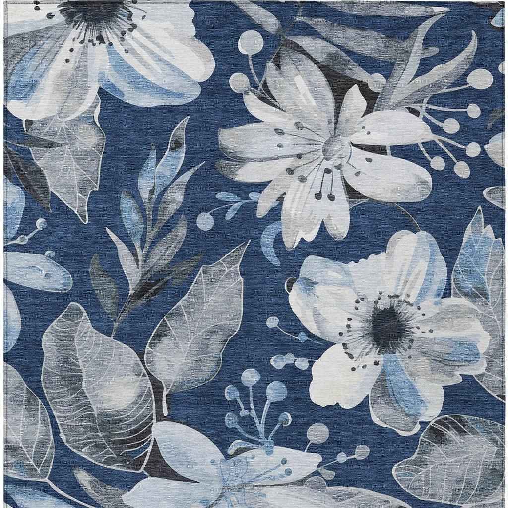 5' X 8' Navy Blue Ivory And Charcoal Floral Washable Indoor Outdoor Area Rug