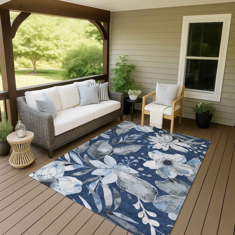 5' X 8' Navy Blue Ivory And Charcoal Floral Washable Indoor Outdoor Area Rug