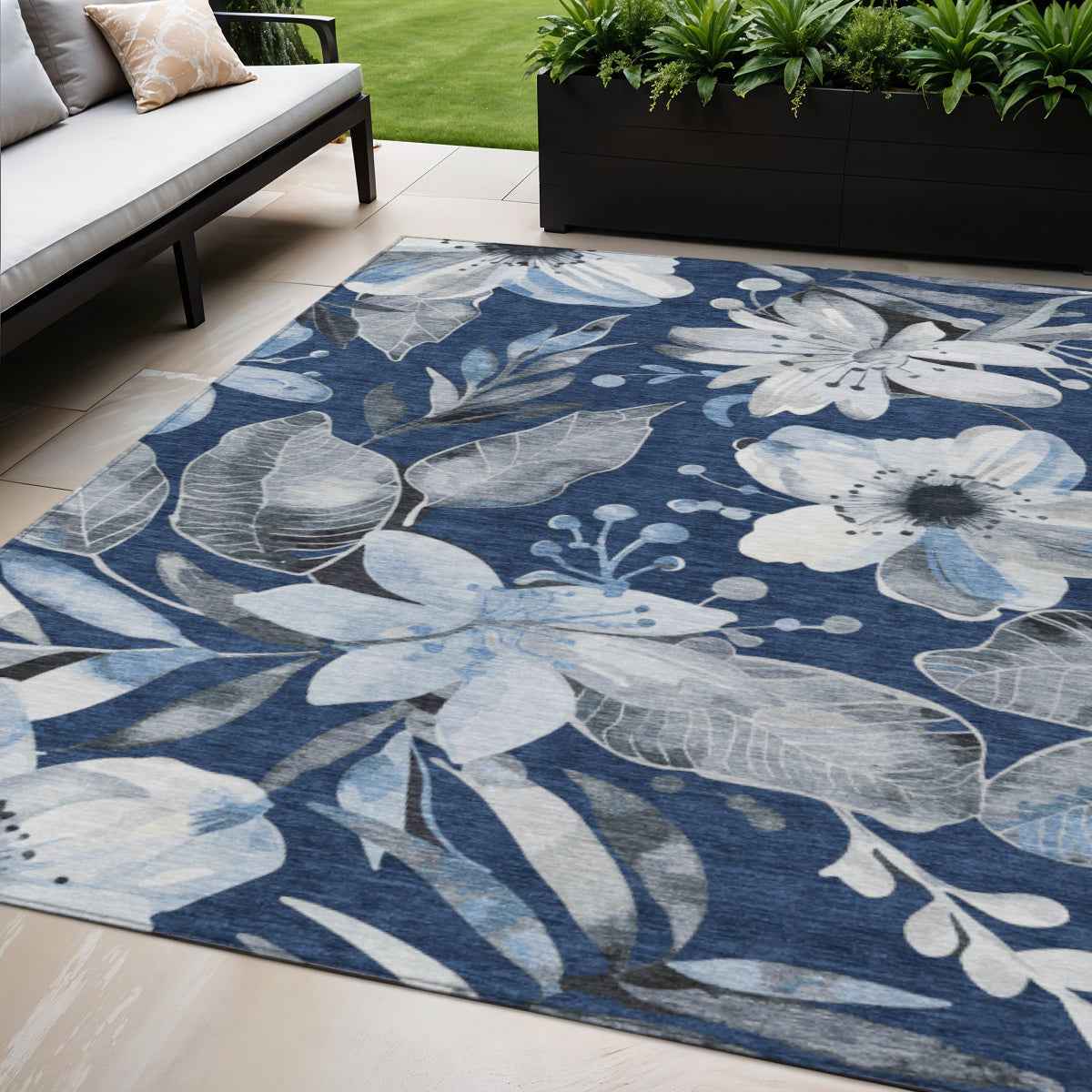 5' X 8' Navy Blue Ivory And Charcoal Floral Washable Indoor Outdoor Area Rug