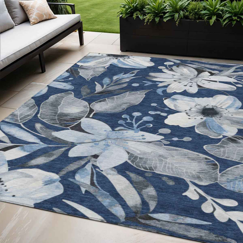 5' X 8' Navy Blue Ivory And Charcoal Floral Washable Indoor Outdoor Area Rug