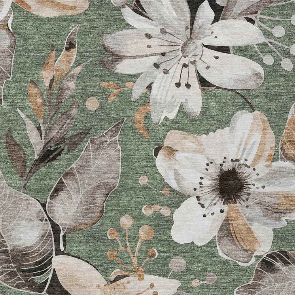 5' X 8' Sage Ivory And Charcoal Floral Washable Indoor Outdoor Area Rug