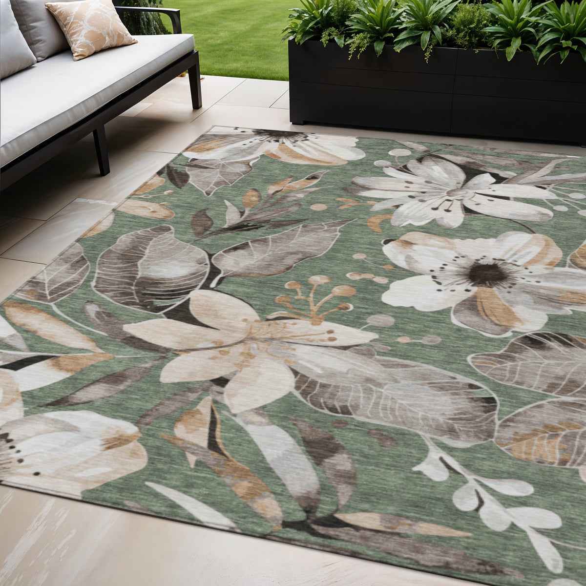 5' X 8' Sage Ivory And Charcoal Floral Washable Indoor Outdoor Area Rug