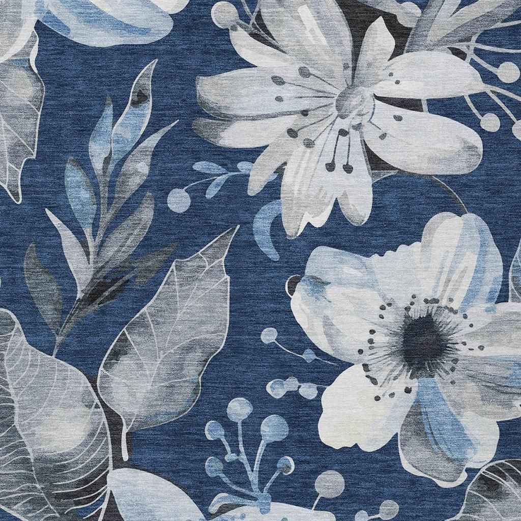 5' X 8' Navy Blue Ivory And Charcoal Floral Washable Indoor Outdoor Area Rug