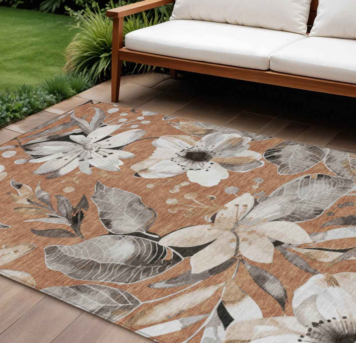 8' X 10' Copper Ivory And Charcoal Floral Washable Indoor Outdoor Area Rug