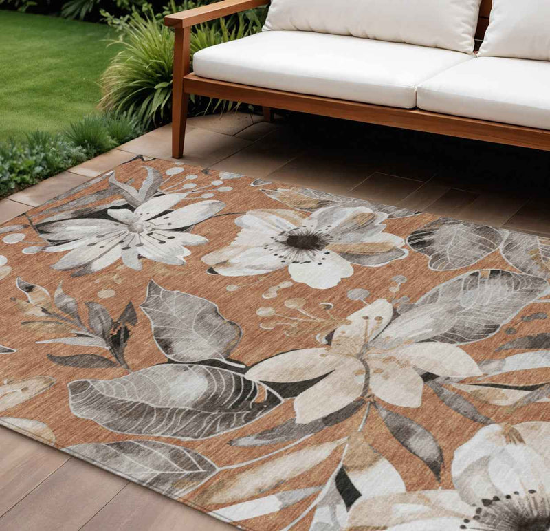 8' X 10' Copper Ivory And Charcoal Floral Washable Indoor Outdoor Area Rug
