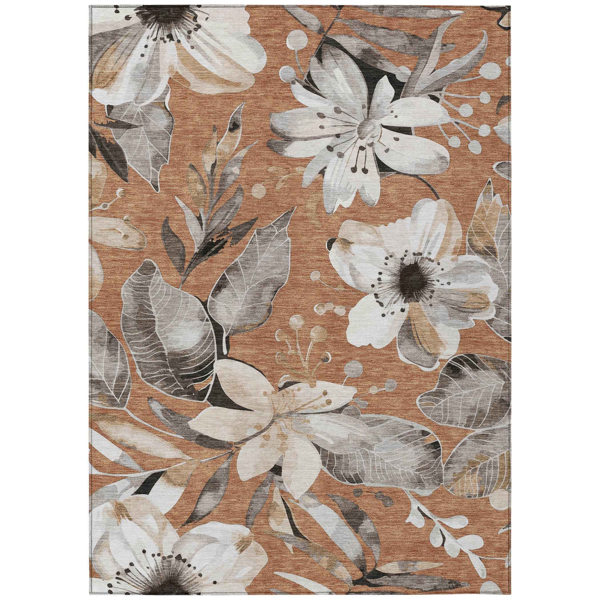 8' X 10' Copper Ivory And Charcoal Floral Washable Indoor Outdoor Area Rug