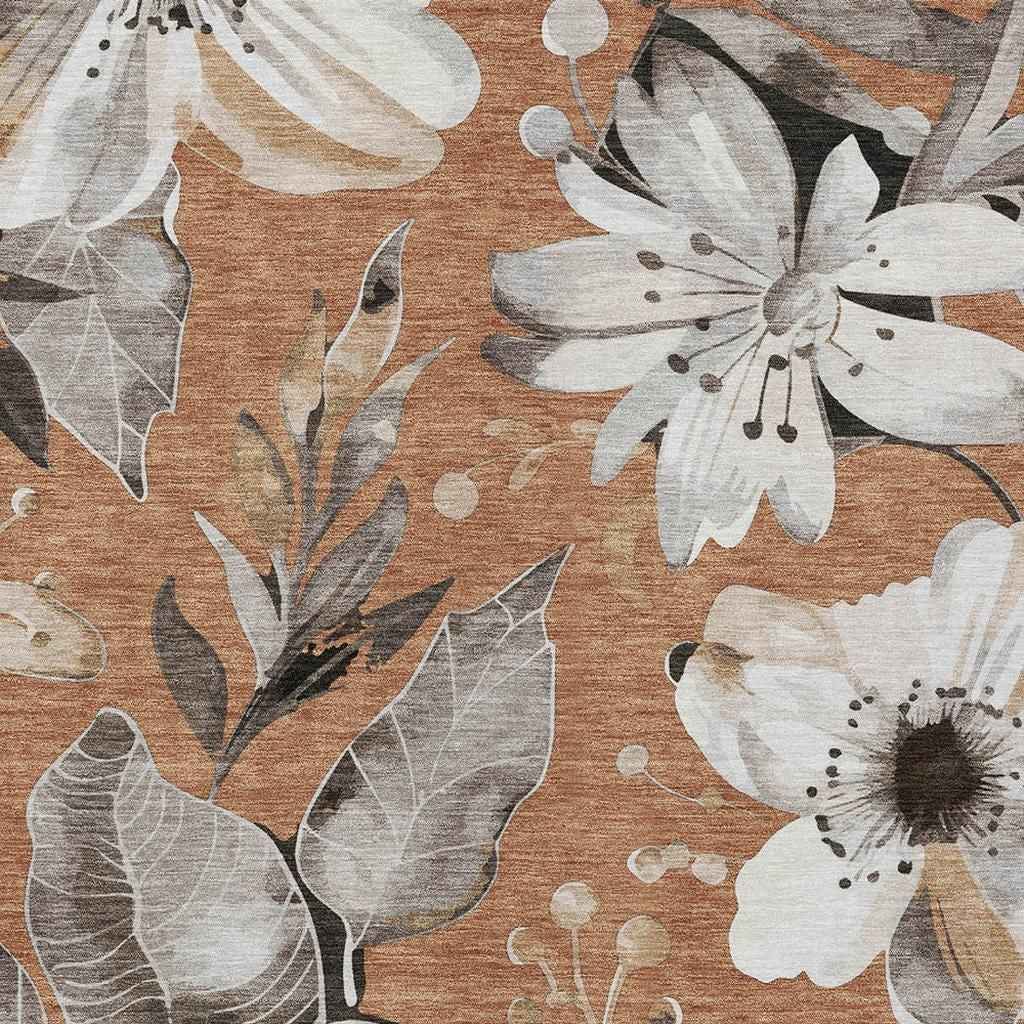 8' X 10' Copper Ivory And Charcoal Floral Washable Indoor Outdoor Area Rug