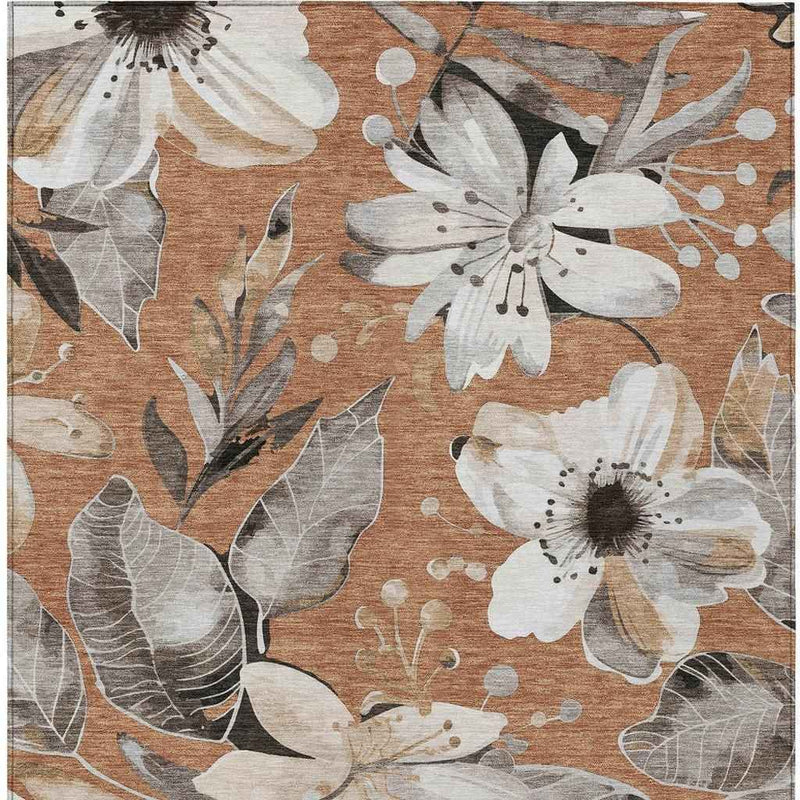 8' X 10' Copper Ivory And Charcoal Floral Washable Indoor Outdoor Area Rug