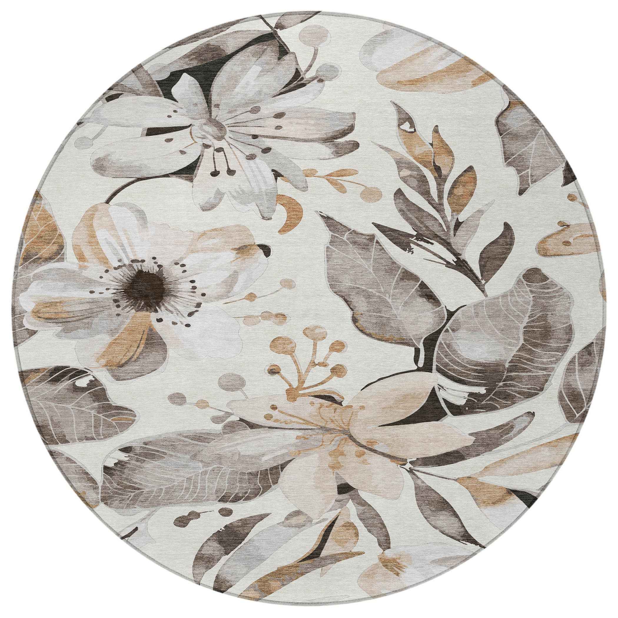 8' Ivory Charcoal And Wheat Round Floral Washable Indoor Outdoor Area Rug