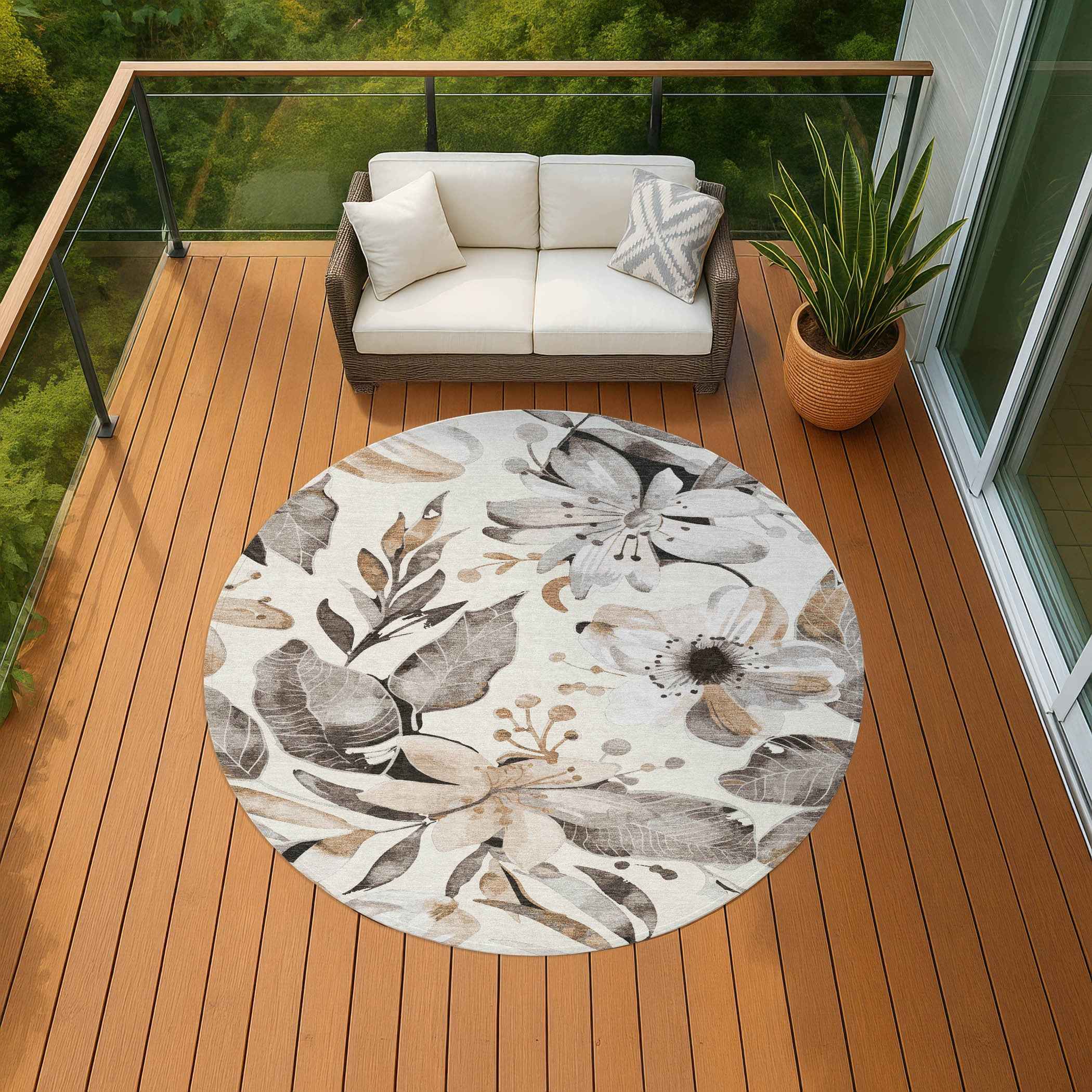 8' Ivory Charcoal And Wheat Round Floral Washable Indoor Outdoor Area Rug