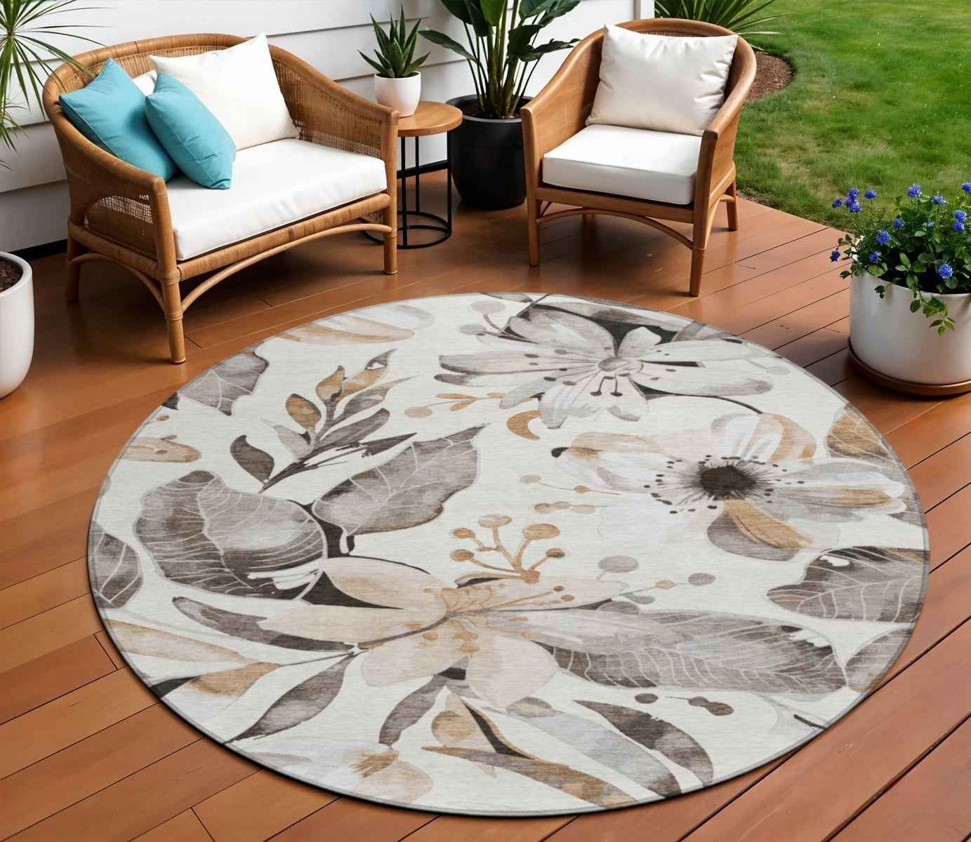 8' Ivory Charcoal And Wheat Round Floral Washable Indoor Outdoor Area Rug