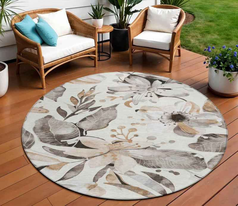 8' Ivory Charcoal And Wheat Round Floral Washable Indoor Outdoor Area Rug