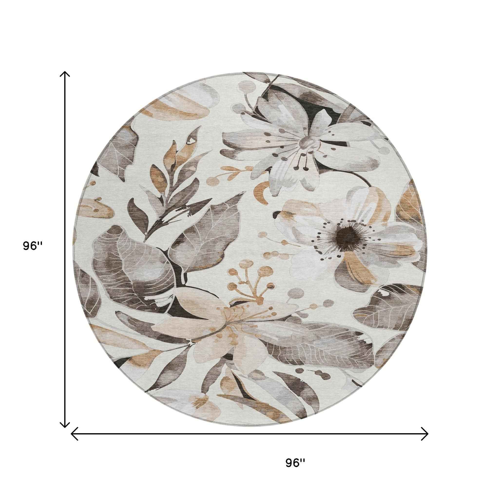 8' Ivory Charcoal And Wheat Round Floral Washable Indoor Outdoor Area Rug