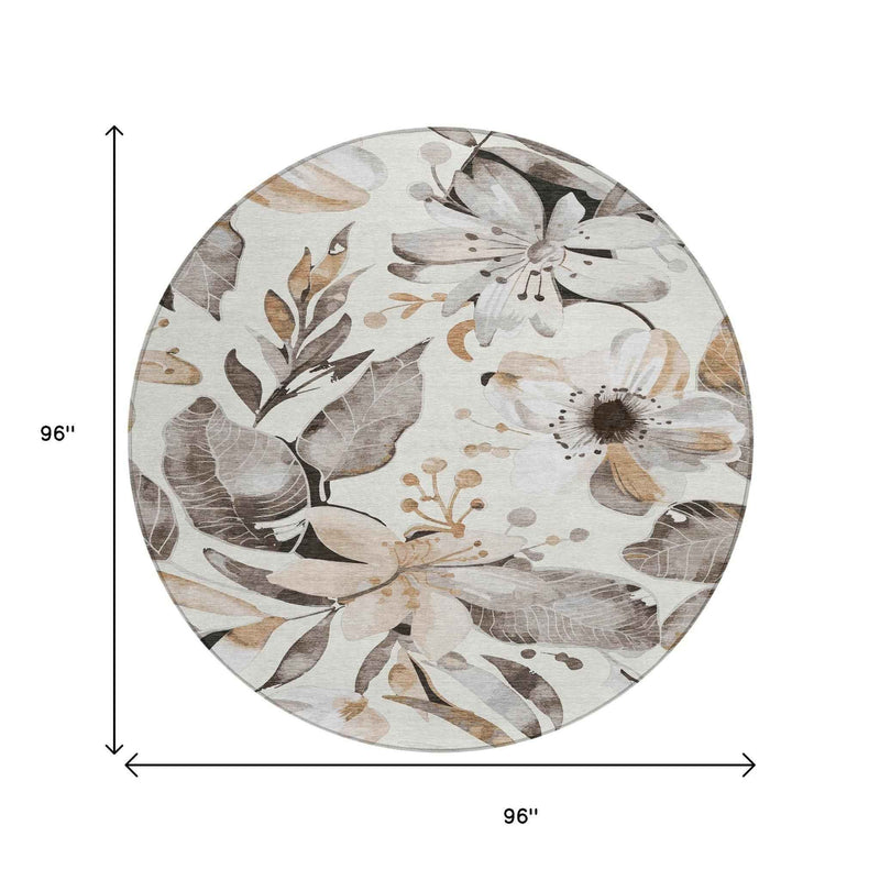 8' Ivory Charcoal And Wheat Round Floral Washable Indoor Outdoor Area Rug