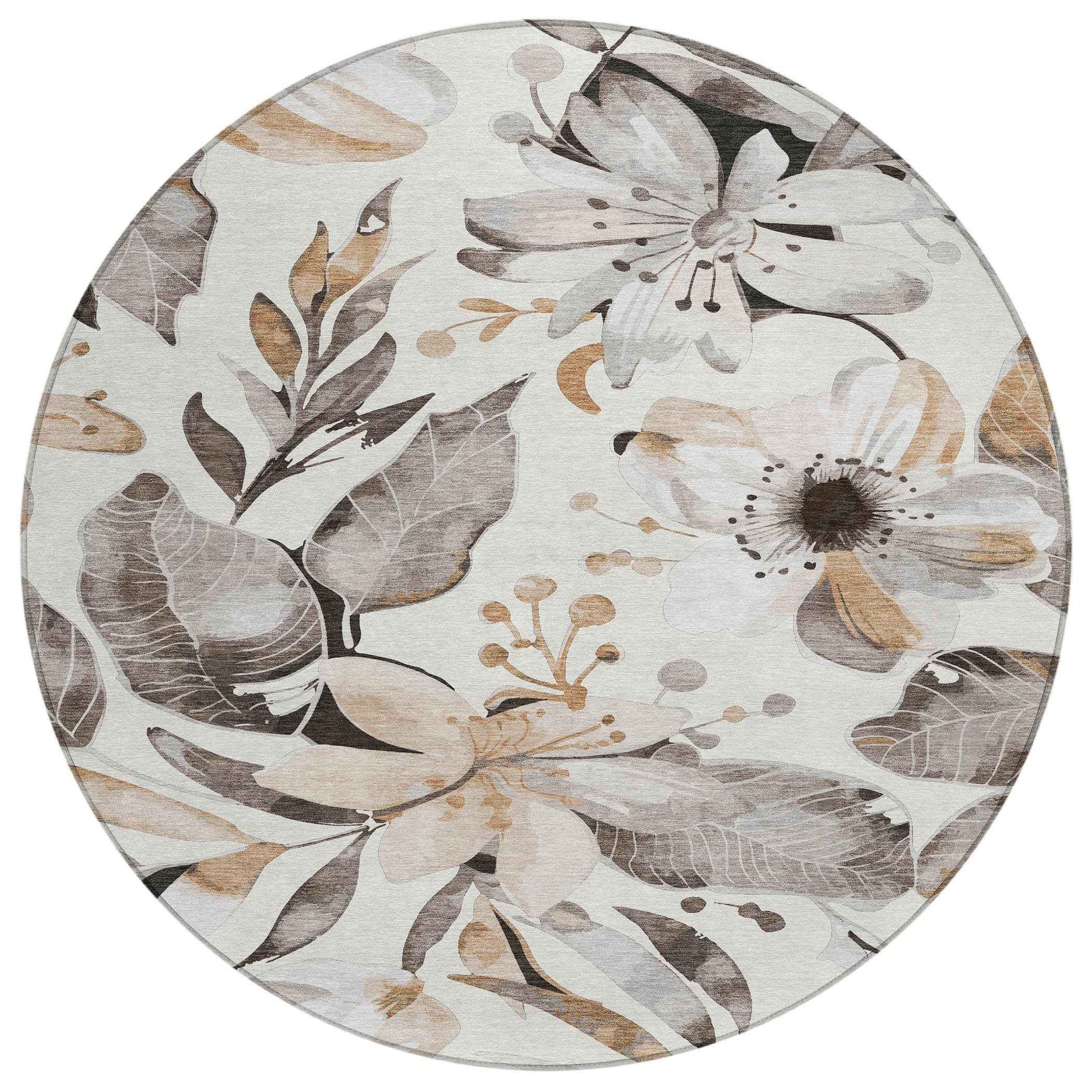 8' Ivory Charcoal And Wheat Round Floral Washable Indoor Outdoor Area Rug
