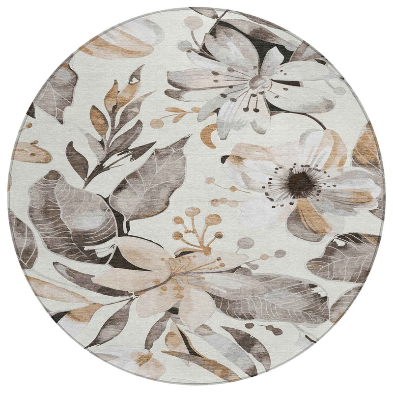 8' Ivory Charcoal And Wheat Round Floral Washable Indoor Outdoor Area Rug