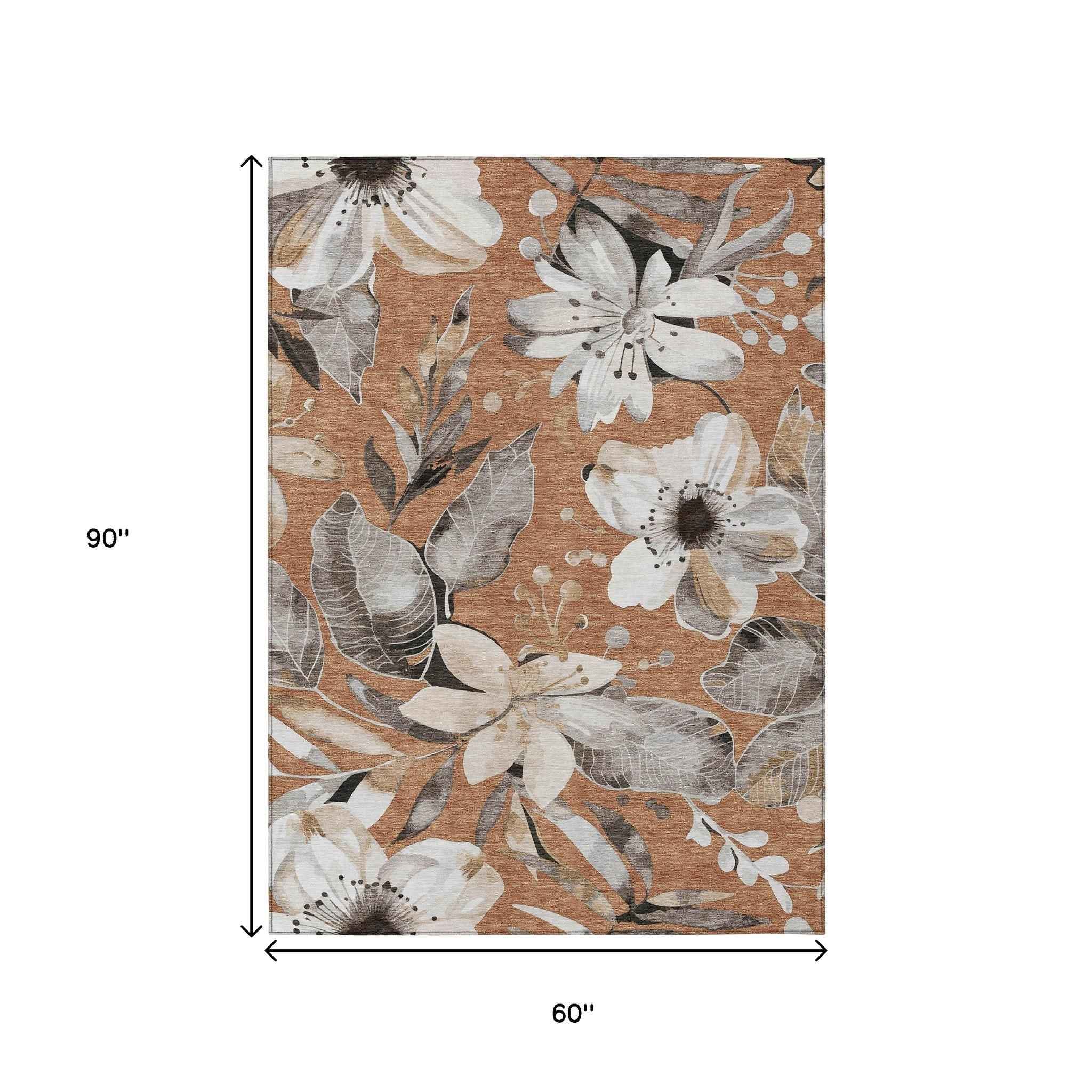 5' X 8' Copper Ivory And Charcoal Floral Washable Indoor Outdoor Area Rug