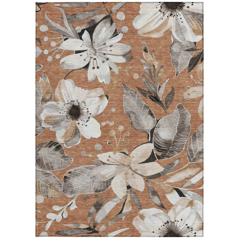 5' X 8' Copper Ivory And Charcoal Floral Washable Indoor Outdoor Area Rug