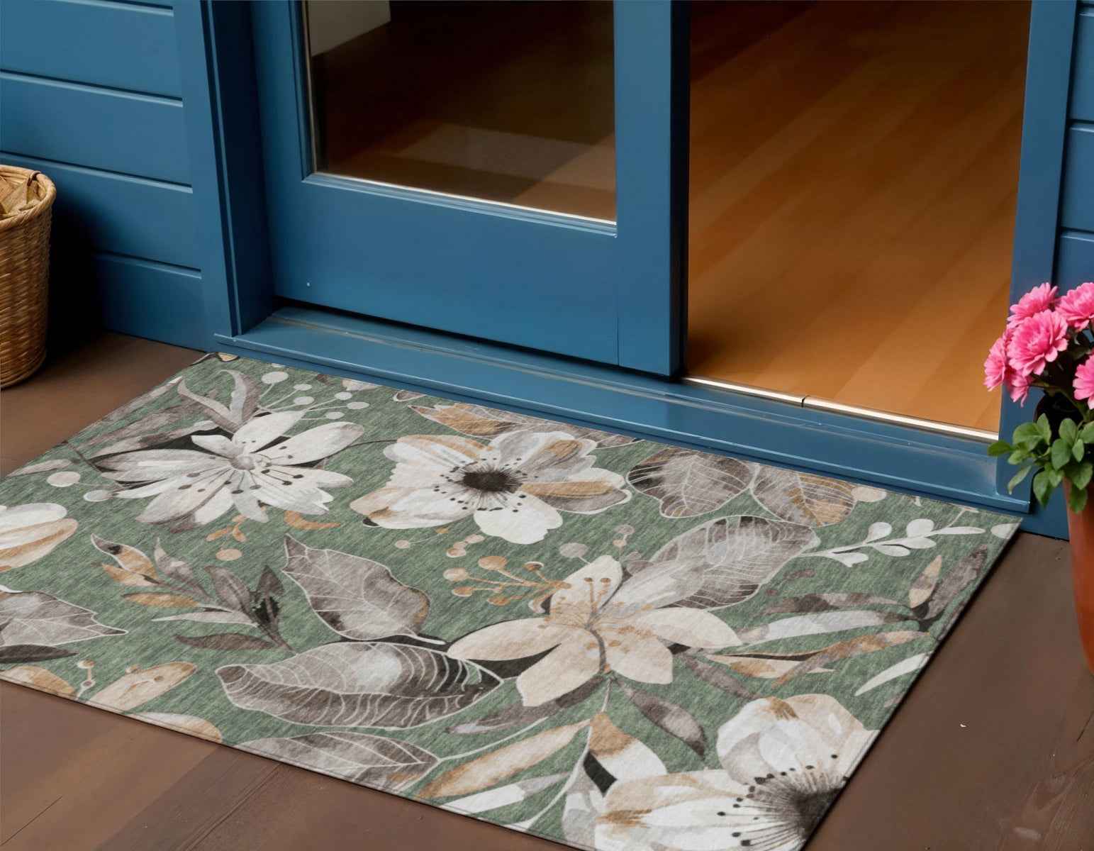 3' X 5' Sage Ivory And Charcoal Floral Washable Indoor Outdoor Area Rug