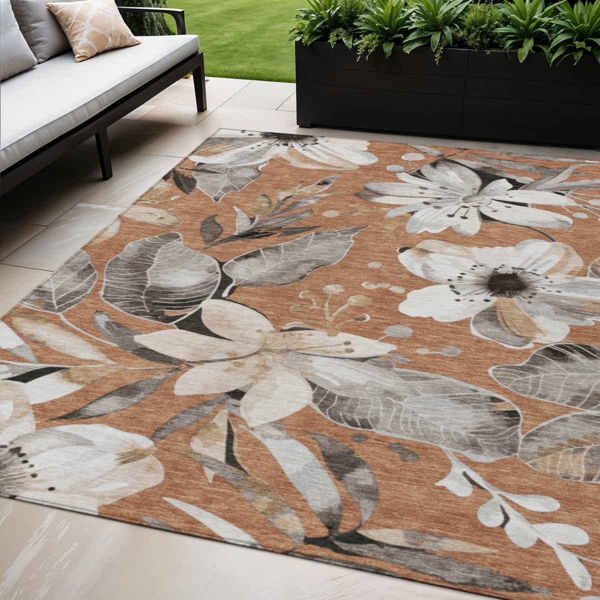 5' X 8' Copper Ivory And Charcoal Floral Washable Indoor Outdoor Area Rug