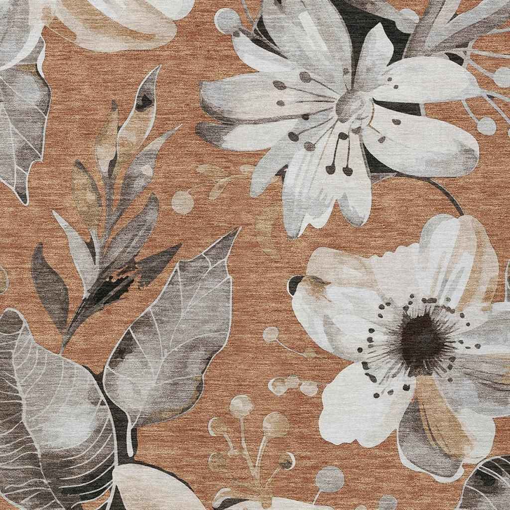 5' X 8' Copper Ivory And Charcoal Floral Washable Indoor Outdoor Area Rug