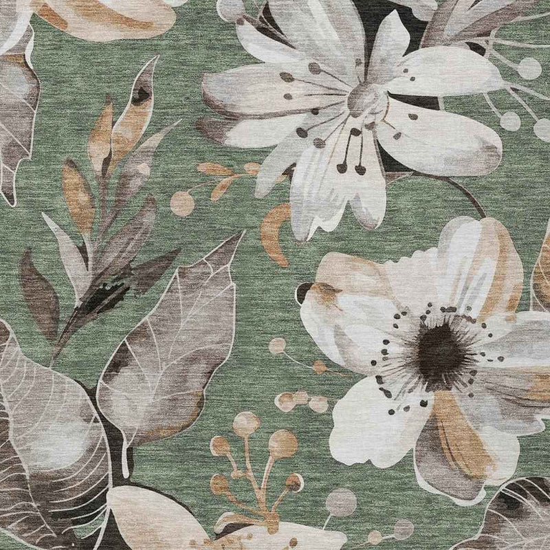 3' X 5' Sage Ivory And Charcoal Floral Washable Indoor Outdoor Area Rug