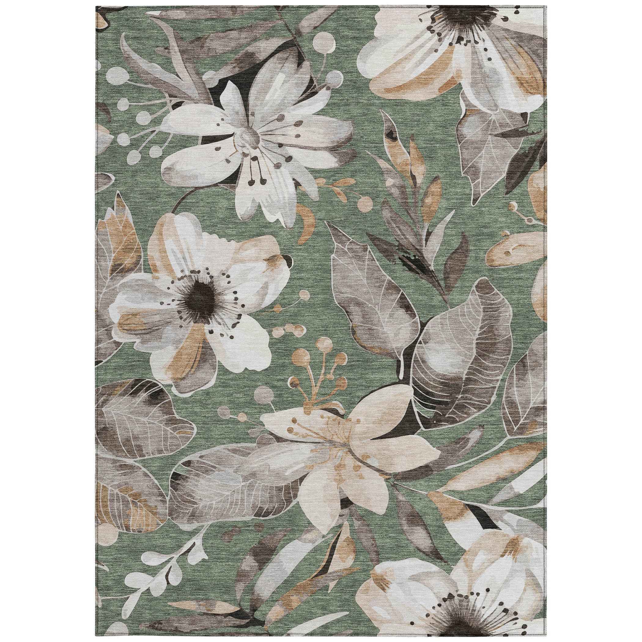 3' X 5' Sage Ivory And Charcoal Floral Washable Indoor Outdoor Area Rug
