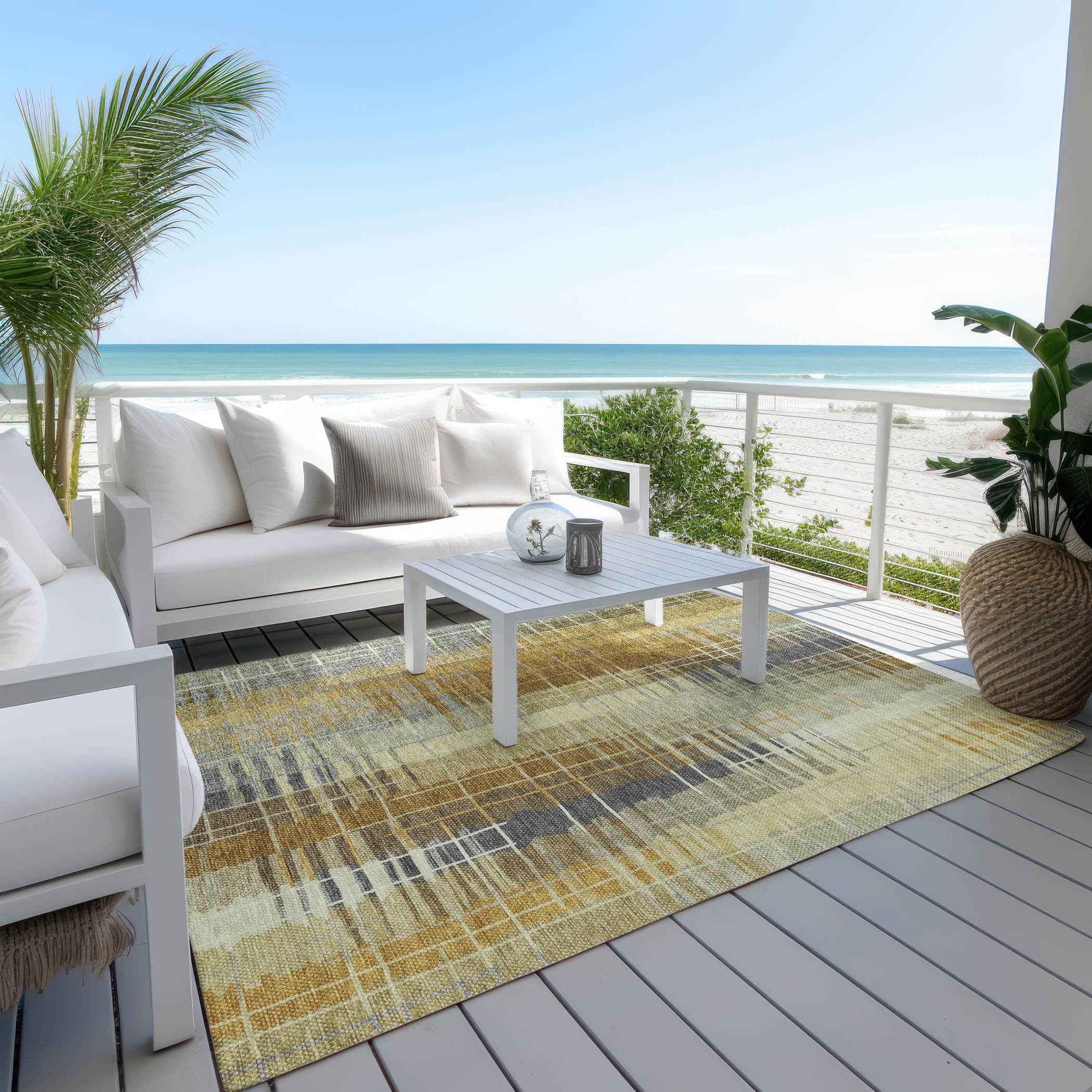 3' X 5' Artichoke Green And Gold Striped Washable Indoor Outdoor Area Rug