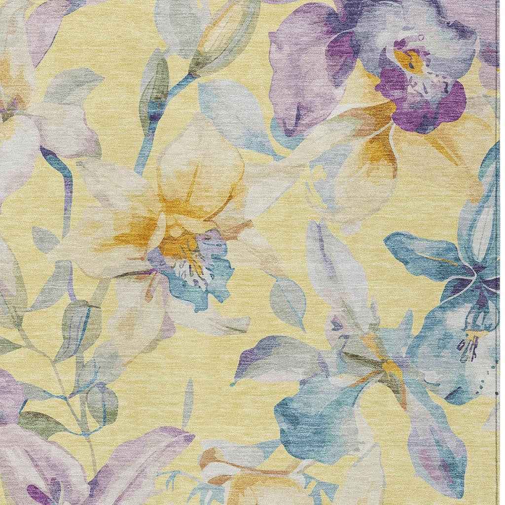 10' X 14' Yellow Gold And Lavender Floral Washable Indoor Outdoor Area Rug