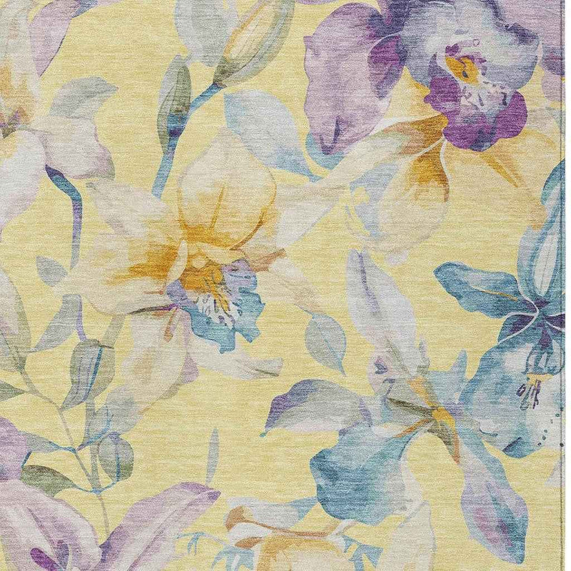 10' X 14' Yellow Gold And Lavender Floral Washable Indoor Outdoor Area Rug