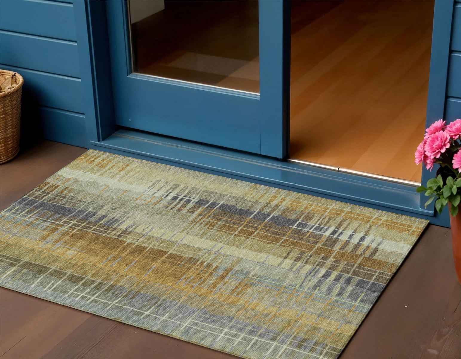 3' X 5' Artichoke Green And Gold Striped Washable Indoor Outdoor Area Rug