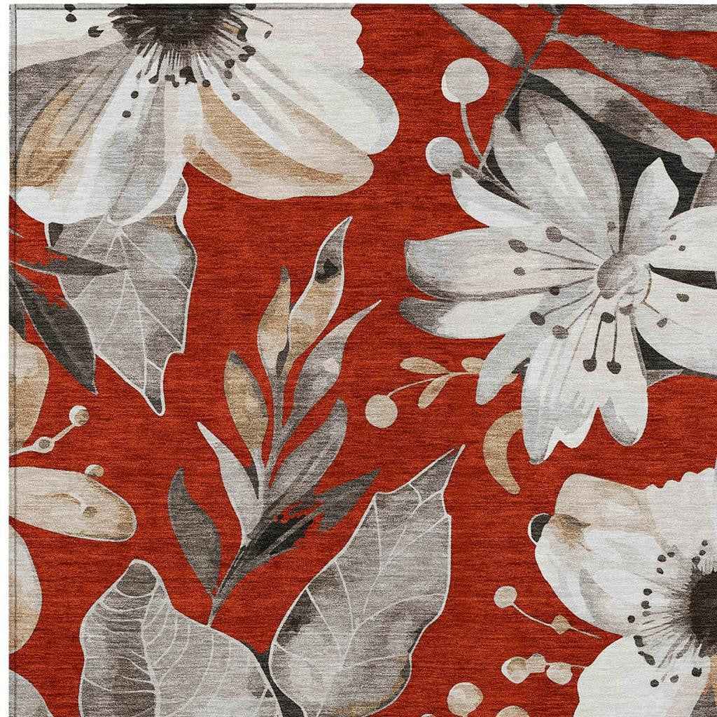 9' X 12' Red Ivory And Charcoal Floral Washable Indoor Outdoor Area Rug