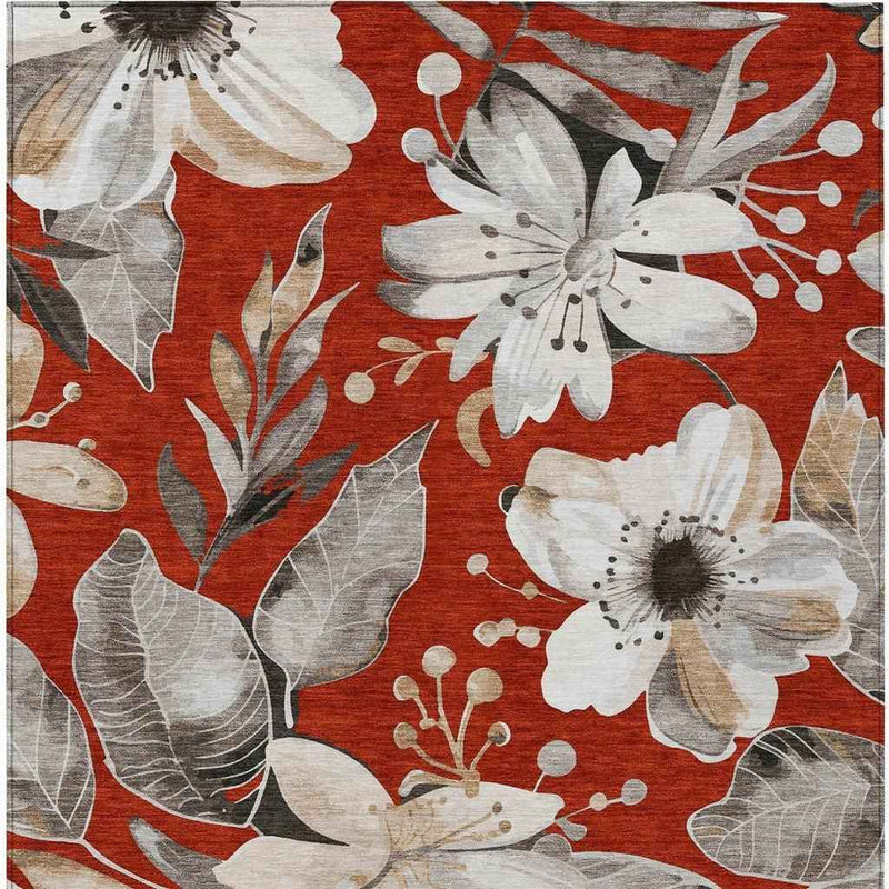 9' X 12' Red Ivory And Charcoal Floral Washable Indoor Outdoor Area Rug