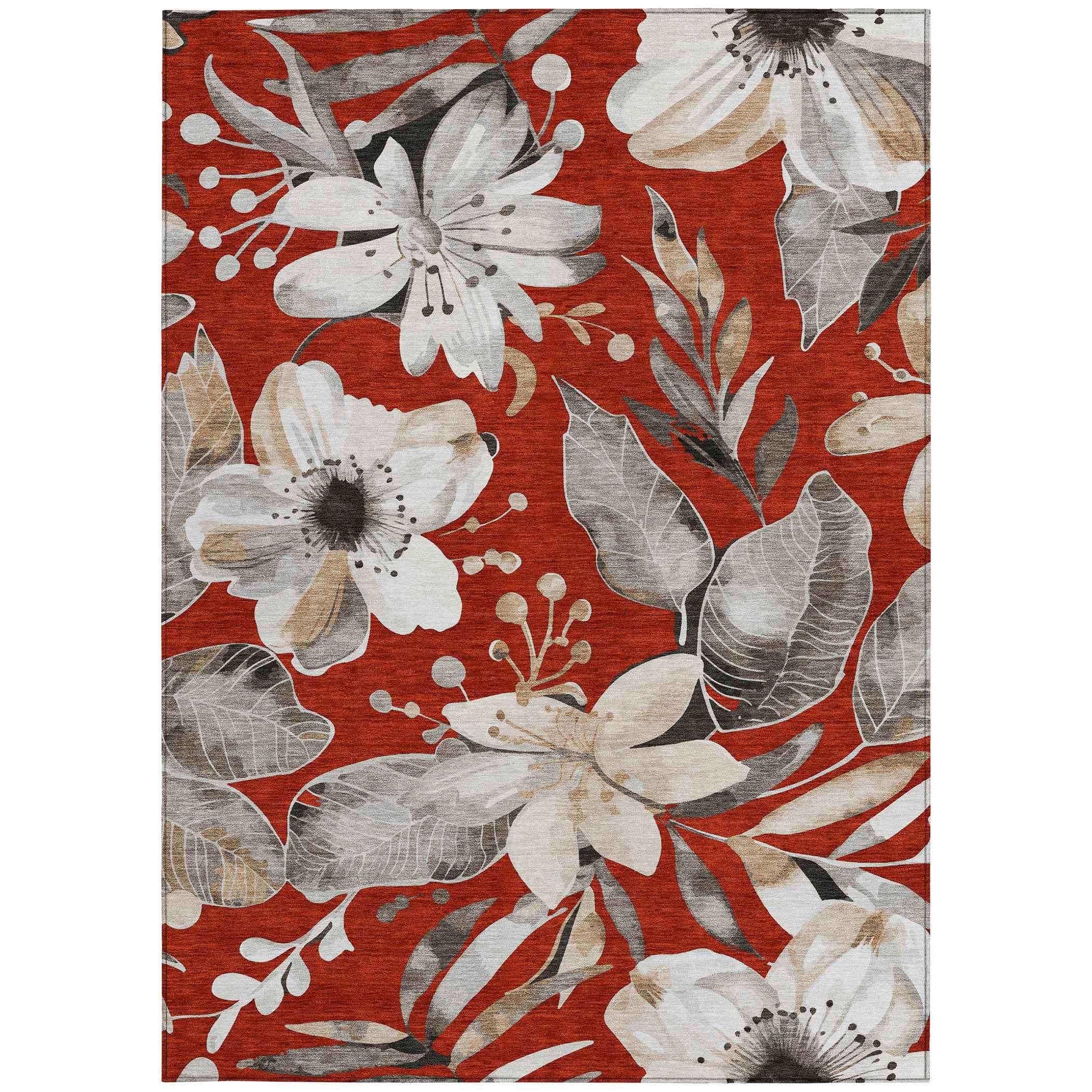 9' X 12' Red Ivory And Charcoal Floral Washable Indoor Outdoor Area Rug