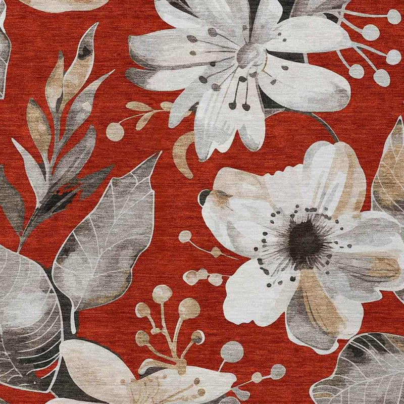 9' X 12' Red Ivory And Charcoal Floral Washable Indoor Outdoor Area Rug