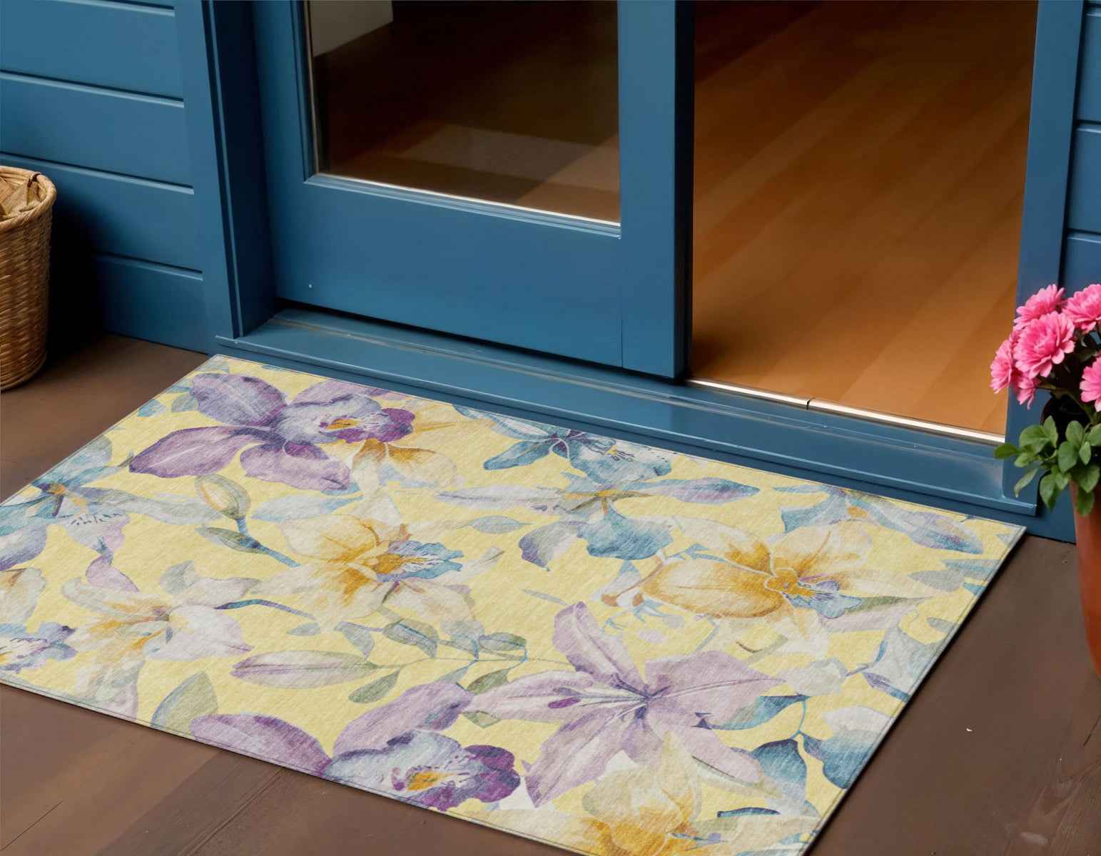 3' X 5' Yellow Gold And Lavender Floral Washable Indoor Outdoor Area Rug