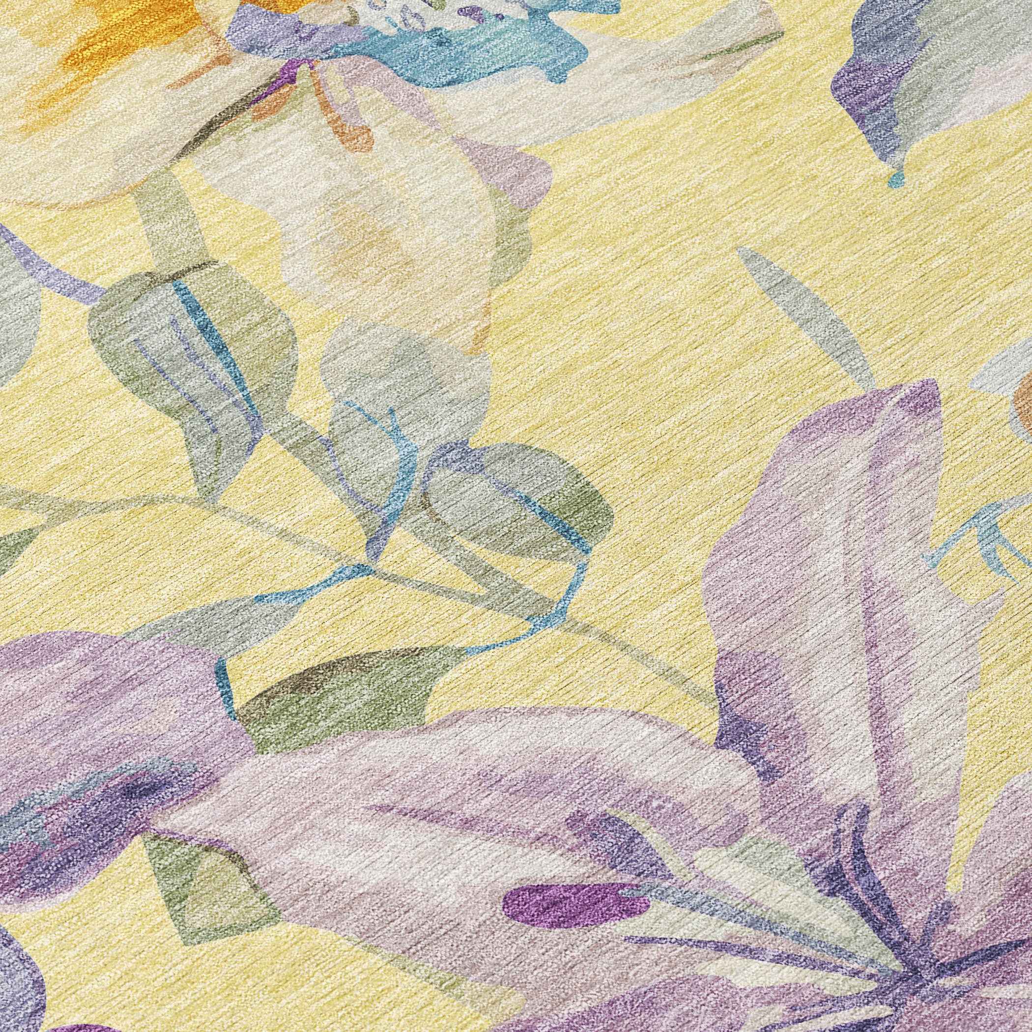 3' X 5' Yellow Gold And Lavender Floral Washable Indoor Outdoor Area Rug