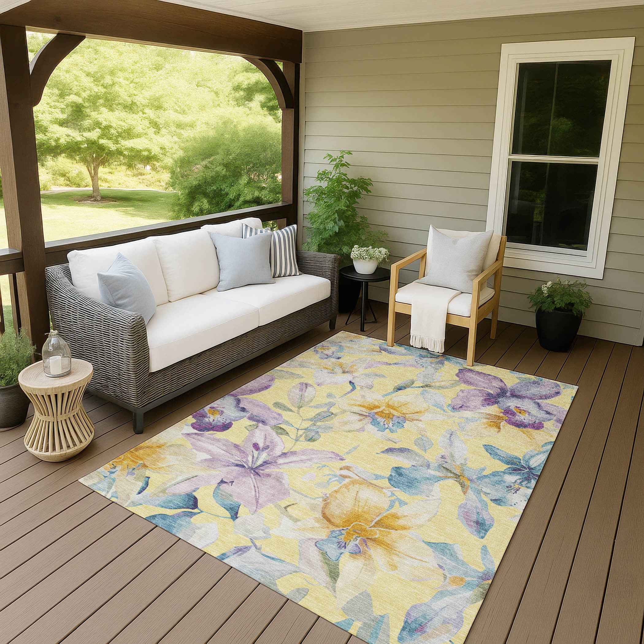 3' X 5' Yellow Gold And Lavender Floral Washable Indoor Outdoor Area Rug