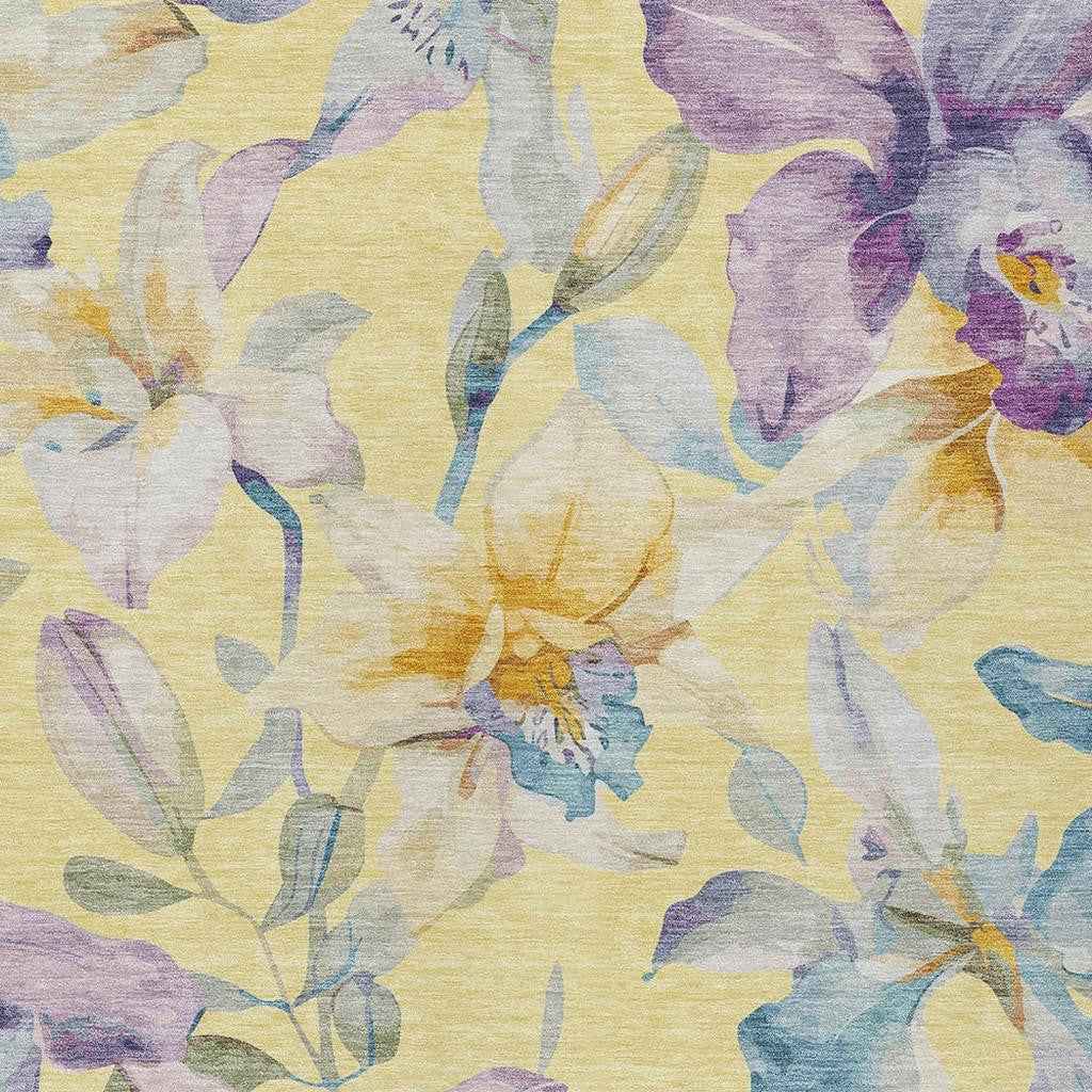 3' X 5' Yellow Gold And Lavender Floral Washable Indoor Outdoor Area Rug