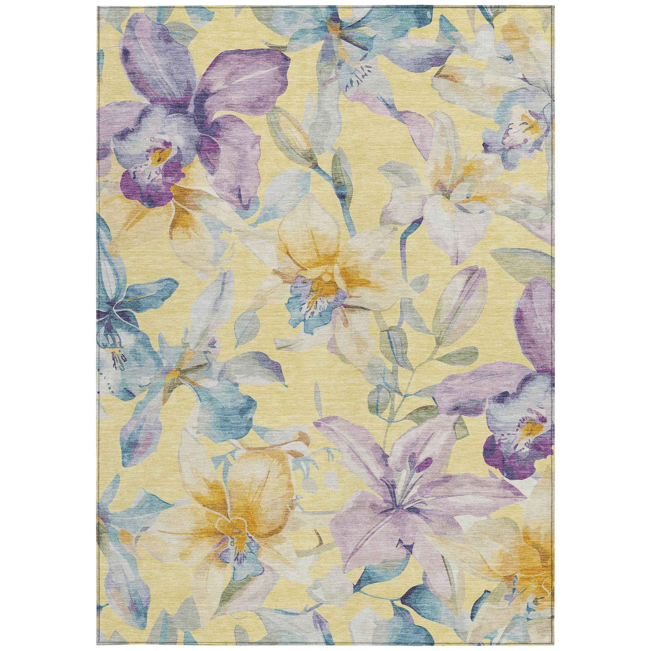 3' X 5' Yellow Gold And Lavender Floral Washable Indoor Outdoor Area Rug