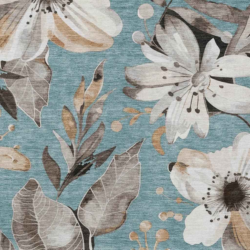9' X 12' Teal Blue Ivory And Charcoal Floral Washable Indoor Outdoor Area Rug