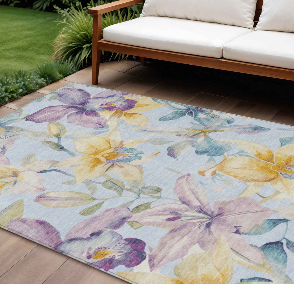 10' X 14' Sky Blue Gold And Lavender Floral Washable Indoor Outdoor Area Rug