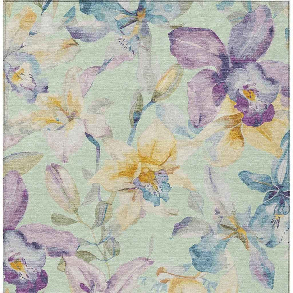 5' X 8' Mint Green Gold And Lavender Floral Washable Indoor Outdoor Area Rug