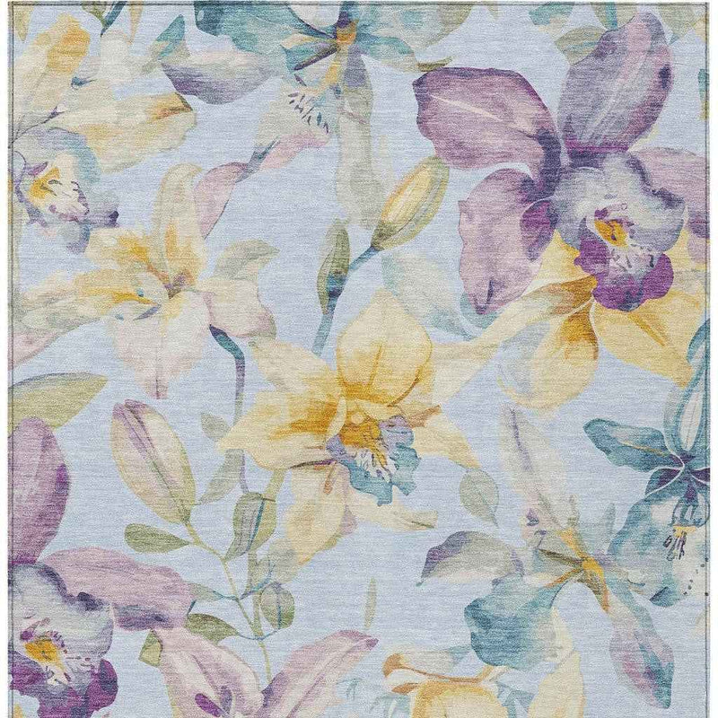 10' X 14' Sky Blue Gold And Lavender Floral Washable Indoor Outdoor Area Rug